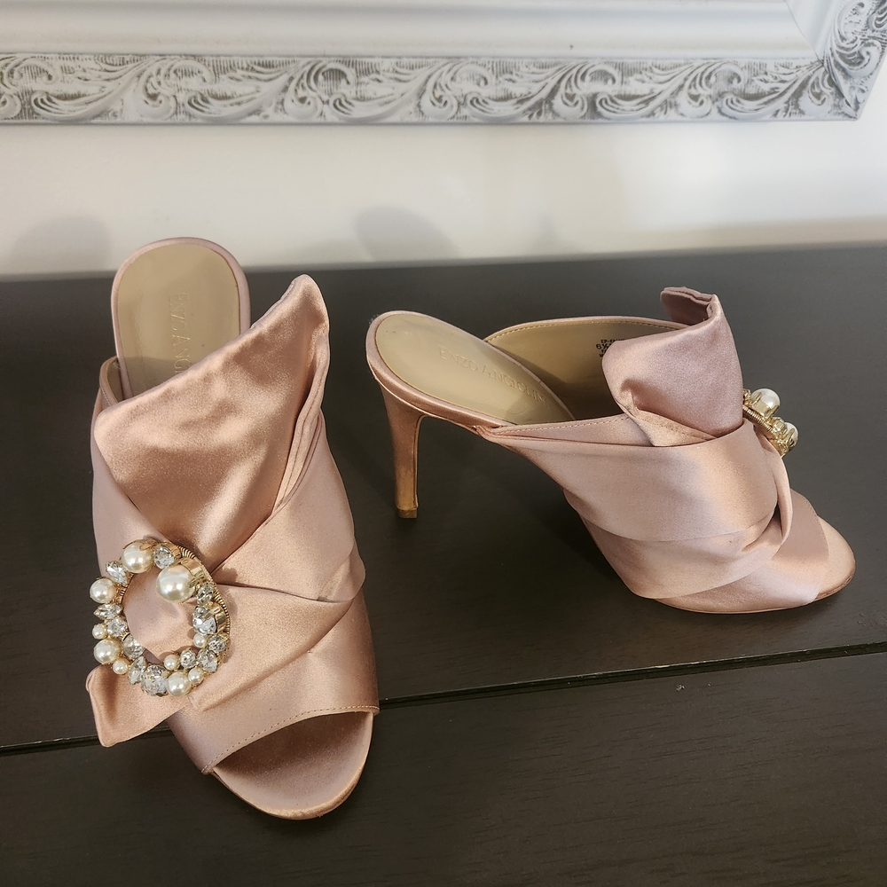 Enzo Angiolini Pink Satin Heels with Pearl Embellishment